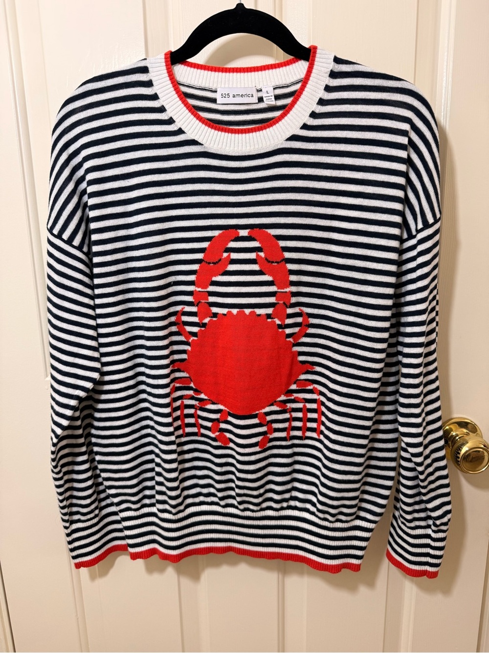 525 America Navy & White Striped Crewneck Sweater with Red Crab Motif
